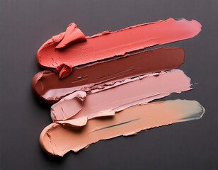 Creative concept image of cosmetics makeup beauty products lipstick eyeshadows foundation makeup on grey background.