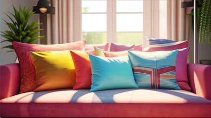 interior details of the summer collection for a home decor company, bright pillows on the sofa