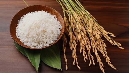 Rice grains with raw paddy grains beside isolated on white background, mockup, design, wooden table, clean background