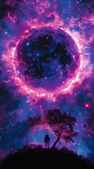 Wall Mural - lone astronaut stands on a hill, gazing at a burning planet in a colorful galaxy, surrounded by star