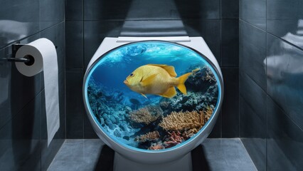 Sticker - A toilet with a fish on the lid of it's seat, AI