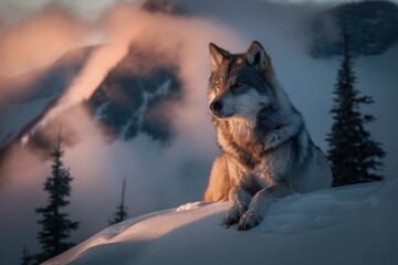 Sticker - A wolf sitting on top of a snow covered mountain, AI