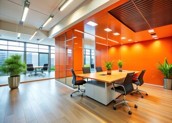 Modern office building interior features a vibrant orange accent wall with sleek lines, minimalist decor, and plenty of natural light, conveying confidence and success.