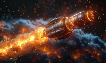Wall Mural - an abstract digital rocket launches into outer space, boosting careers with an orange spaceship agai