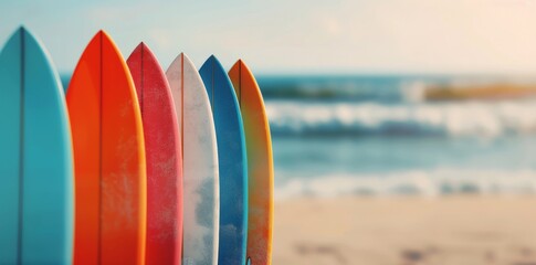 Wall Mural - Colorful Surfboards Stacked on Sandy Beach at Sunset by the Ocean