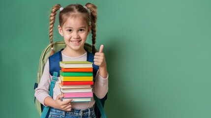 Adorable school girl behind a stack of colorful books thumb up and smiling confidently isolated on green trendy background with large copy space for text, concept of back to school, good at school day