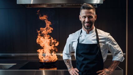 Wall Mural - A man in a black shirt standing next to an open flame, AI