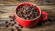 © sarinya - Red cup filled with coffee beans on rustic wooden background, coffee, beans, red cup, wood, background, rustic, aroma, caffeine
