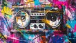 © Halina Berah - Grunge audio recorder, pop art graffiti, vibrant color. Painted street art on textured paper vintage background.