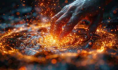 Wall Mural - the first contact with a hand touching a spinning vortex of light particles, symbolizing a neuronal 