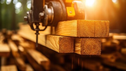 Two large logs are being cut in half by a machine