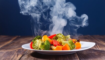 Freshly cooked steamed vegetables tossed in the air, showcasing their vibrant colors and delicious flavors. Perfect for vegetarians and veg lovers who enjoy healthy, gourmet meals