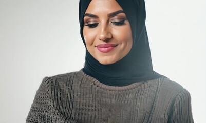 Sticker - Portrait of a Saudi Arabian woman in her 40s in a white background wearing a chic cardigan