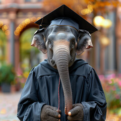 Wall Mural - Elephant wearing dark graduation gown graduation hat colorful tassel, background university