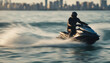 © abu - Jet ski cutting through ocean waves with a coastal city skyline in the background