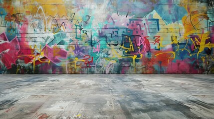 Wall Mural - Concrete floor and colorful abstract graffiti in the background of an empty interior