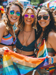 Wall Mural - Three cheerful friends bright clothes make up in parade. Concept LGBTQ and pride concept