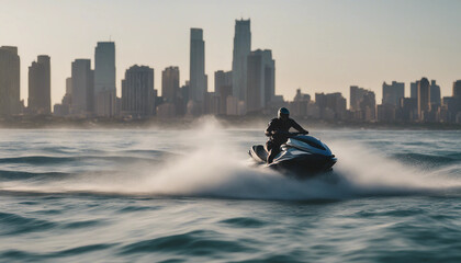 Poster - Jet ski cutting through ocean waves with a coastal city skyline in the background
