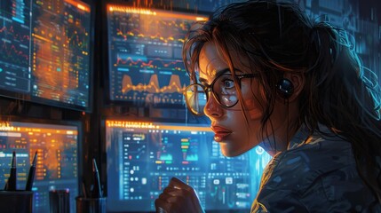 Focused female hacker with data screens - generative ai