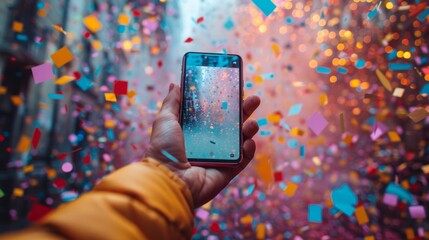 Hand holding a smartphone in a colorful confetti explosion - generative ai