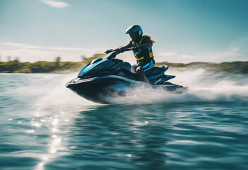 Poster - Jet ski speeding across crystal clear blue waters with a bright sky
