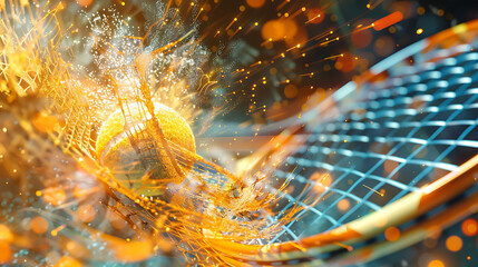 Wall Mural - a dynamic moment in tennis, showing a close-up of a tennis ball hitting the strings of a racket. The impact is highlighted by an explosion of particles and a fiery effect