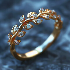 Wall Mural - Elegant gold leaf ring adorned with sparkling diamonds in a nature-inspired design
