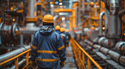 Wall Mural - Worker uniform industrial plant, makes survey, checking equipment against background