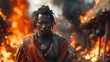 © studio clever - African warrior amidst fire and destruction - generative ai