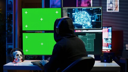 Wall Mural - Hacker listening music while using isolated screen PC and AI to steal data. Scammer wearing headphones using artificial intelligence and mockup computer to compromise digital devices, camera A