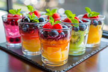 Colorful several cups of fruit pudding on the table