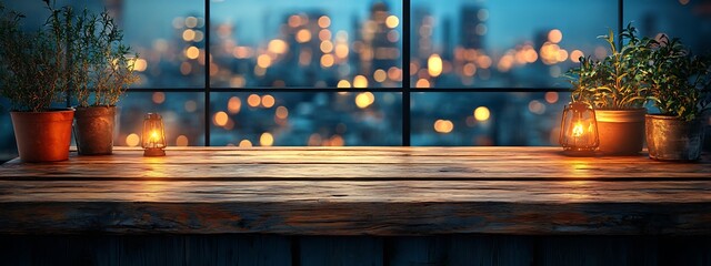 Wall Mural -  Wooden Table with Blurred City Lights Background 