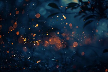 Poster - a forest filled with lots of yellow fireflies, cluster of fireflies leading the way through a dark forest