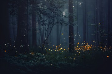 Poster - a forest filled with lots of yellow fireflies, cluster of fireflies leading the way through a dark forest