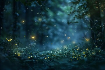 Poster - a forest filled with lots of yellow fireflies, cluster of fireflies leading the way through a dark forest