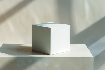 Leinwandbilder - This image shows a minimalist white cube casting soft shadows on a platform, representing purity, clean lines, and the sophistication of contemporary design.