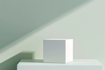 Poster - A white cube is placed on a green base with a sharp shadow cast, representing the interplay of light and geometry in a minimalist and modern composition.