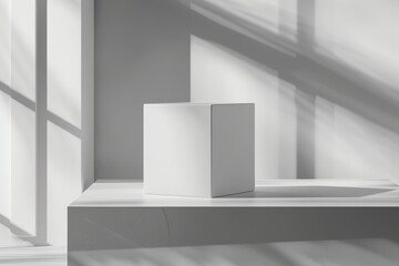 Leinwandbilder - A white cube is depicted in a monochromatic space with serene shadows, emphasizing the simplicity and elegance of geometric shapes in a contemporary artistic style.
