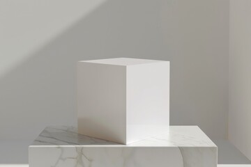 Aufkleber - A white cube sits atop a marble platform, highlighted by soft natural light, creating an elegant and serene composition of geometric and natural elements.