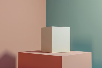 Leinwandbilder - A dual-toned white and peach cube is positioned in a geometric and minimalist composition against a background split with complementary colors, emphasizing visual balance.