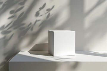 Poster - A minimalistic image featuring a white cube placed against a subtle play of light and shadows from foliage, creating a harmonious blend of simplicity and nature's elements.