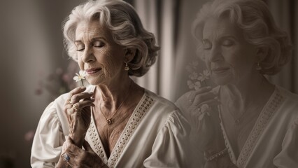 Canvas Print - A woman with white hair holding a flower in her hand, AI