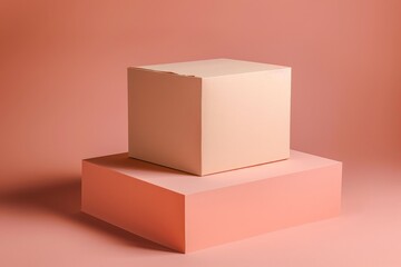 Leinwandbilder - A peach-toned cube is placed on a matching peach platform, creating a harmonious and visually appealing image with soft lighting and a minimalist aesthetic.