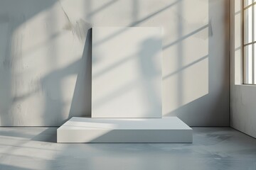 Poster - A bright blank white canvas rests atop a pedestal in a room illuminated by natural light and shadows, creating a simple yet sophisticated ambiance for artistic display.