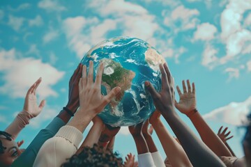 a group of people holding up a globe, diverse group of people lifting the earth, depicting community