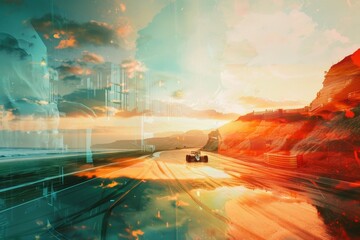 Wall Mural - a racing car with a sunset in the background,