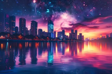 Aufkleber - a city skyline with a lake and a purple sky,