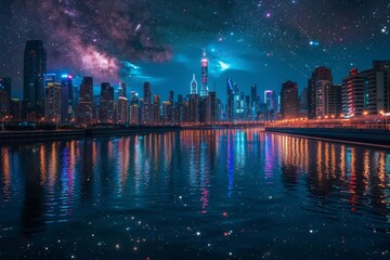 Aufkleber - a city skyline with a lake and a purple sky,