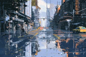 Leinwandbilder - a city street at night with a puddle of water,