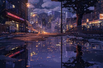 Leinwandbilder - a city street at night with a puddle of water,
